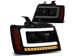 C-Bar LED DRL Headlights with Amber Corners; Black Housing; Smoked Lens (07-14 Tahoe)