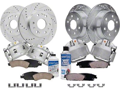 Drilled and Slotted 6-Lug Brake Rotor, Pad, Caliper, Brake Fluid and Cleaner Kit; Front and Rear (08-14 Tahoe, Excluding Police)