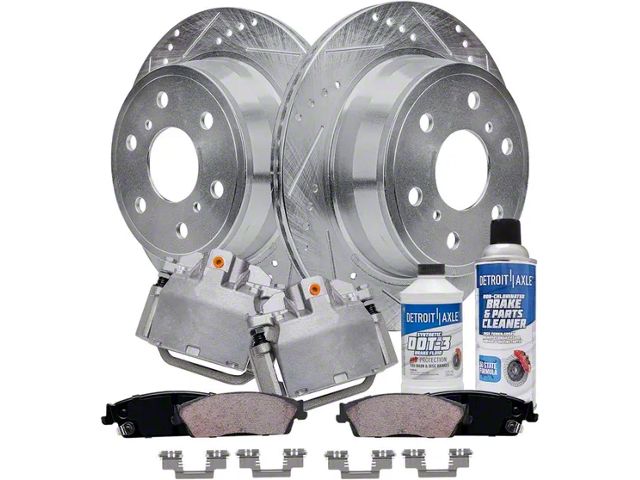 Drilled and Slotted 6-Lug Brake Rotor, Pad, Caliper, Brake Fluid and Cleaner Kit; Rear (08-14 Tahoe)