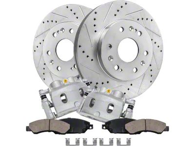 Drilled and Slotted 6-Lug Brake Rotor, Pad and Caliper Kit; Front (2007 Tahoe)