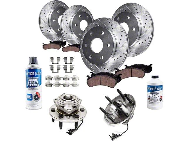 Drilled and Slotted 6-Lug Brake Rotor, Pad, Hub Assembly, Brake Fluid and Cleaner Kit; Front and Rear (08-14 4WD Tahoe, Excluding Police)