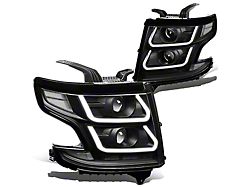 Dual LED DRL Projector Headlights with Clear Corners; Black Housing; Clear Lens (15-20 Tahoe w/ Factory Halogen Headlights)