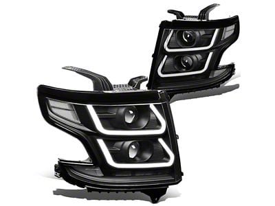 Dual LED DRL Projector Headlights with Clear Corners; Black Housing; Clear Lens (15-20 Tahoe w/ Factory Halogen Headlights)