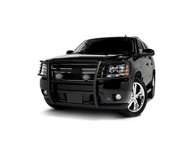 Grille Guard with 5.30-Inch Black Round Flood LED Lights; Black (07-14 Tahoe, Excluding Hybrid)