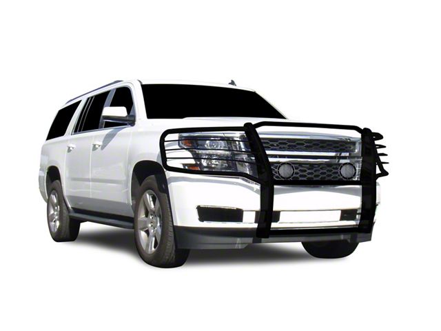 Grille Guard with 5.30-Inch Black Round Flood LED Lights; Black (15-20 Tahoe w/o Active Grille Shutters)