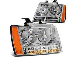 Headlights with Amber Corners, LED DRL and Turn Signals; Chrome Housing; Clear Lens (07-14 Tahoe)