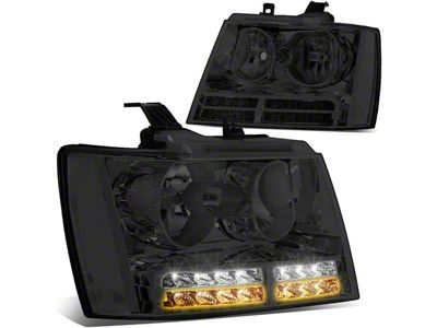Headlights with Clear Corners, LED DRL and Turn Signals; Chrome Housing; Smoked Lens (07-14 Tahoe)