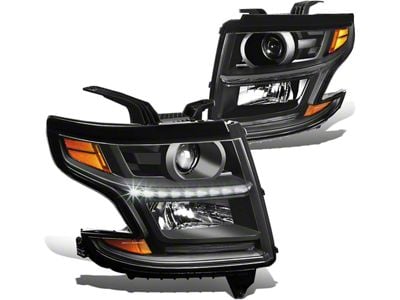 LED DRL Projector Headlights with Amber Corners; Black Housing; Clear Lens (15-20 Tahoe w/ Factory Halogen Headlights)