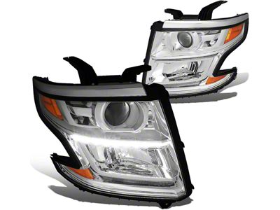 LED DRL Projector Headlights with Amber Corners; Chrome Housing; Clear Lens (15-20 Tahoe w/ Factory Halogen Headlights)