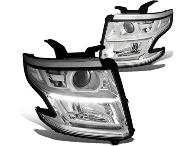 LED DRL Projector Headlights with Clear Corners; Chrome Housing; Clear Lens (15-20 Tahoe w/ Factory Halogen Headlights)