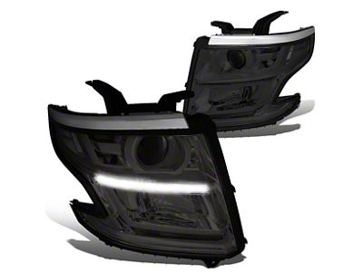 LED DRL Projector Headlights with Clear Corners; Chrome Housing; Smoked Lens (15-20 Tahoe w/ Factory Halogen Headlights)