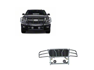 Rugged Heavy Duty Grille Guard with 5.30-Inch Black Round LED Lights; Black (15-20 Tahoe)