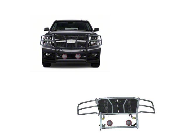 Rugged Heavy Duty Grille Guard with 5.30-Inch Red Round LED Lights; Black (15-20 Tahoe)