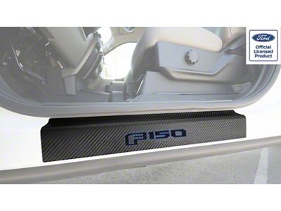 Front Door Sill Protection with F-150 Logo; Raw Carbon Fiber; Black and Blue (15-20 F-150)