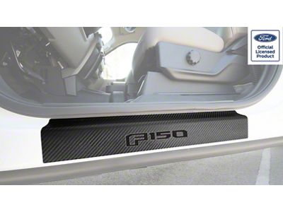 Front Door Sill Protection with F-150 Logo; Raw Carbon Fiber; Black and Gray (15-20 F-150)