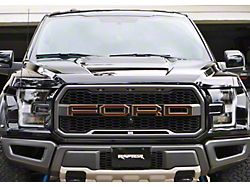 Front Grille Letter Overlays; Domed Carbon Fiber with Orange Outline (17-20 F-150 Raptor)