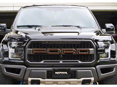 Front Grille Letter Overlays; Domed Carbon Fiber with Orange Outline (17-20 F-150 Raptor)