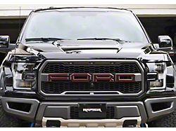 Front Grille Letter Overlays; Domed Carbon Fiber with Red Outline (17-20 F-150 Raptor)