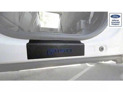 Rear Door Sill Protection with F-150 Logo; Raw Carbon Fiber; Black and Blue (15-25 F-150 SuperCrew)