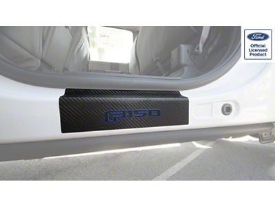 Rear Door Sill Protection with F-150 Logo; Raw Carbon Fiber; Black and Blue (15-24 F-150 SuperCrew)