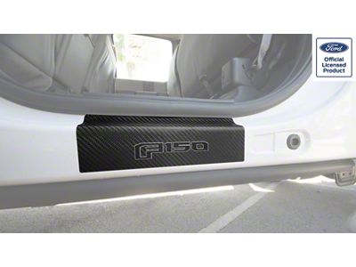 Rear Door Sill Protection with F-150 Logo; Raw Carbon Fiber; Black and Gray (15-25 F-150 SuperCrew)