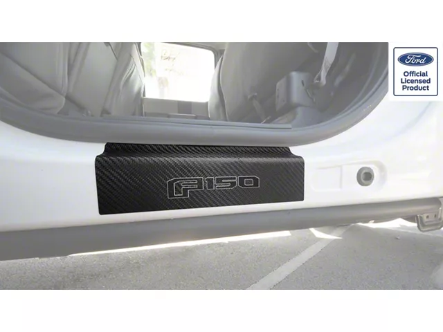 Rear Door Sill Protection with F-150 Logo; Raw Carbon Fiber; Black and Gray (15-24 F-150 SuperCrew)