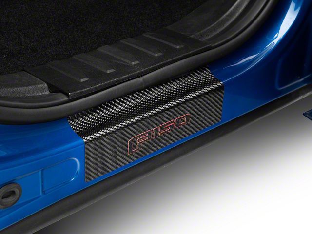 Rear Door Sill Protection with F-150 Logo; Raw Carbon Fiber; Black and Red (15-24 F-150 SuperCrew)