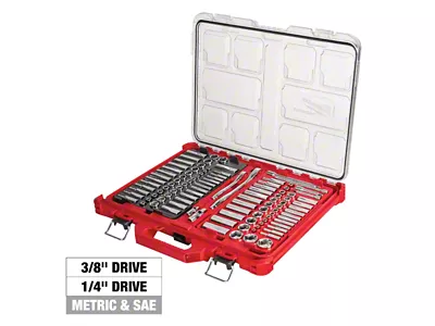 Milwaukee Tool 1/4-Inch and 3/8-Inch Metric and SAE Ratchet and Socket Set with PACKOUT Low-Profile Organizer; 106-Piece