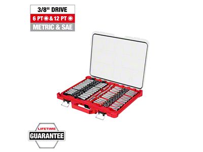 Milwaukee Tool 3/8-Inch 6-Point and 12-Point Metric and SAE Ratchet and Socket Set with PACKOUT Low-Profile Organizer; 98-Piece