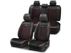 Diamond Series Front Bucket and Rear Seat Covers; Black Leatherette with Red Stitching (Universal; Some Adaptation May Be Required)