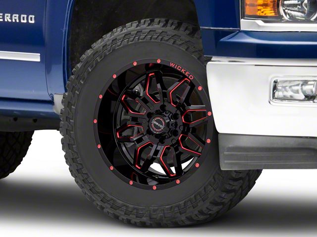 Wicked Offroad W909 Gloss Black with Red Tint 6-Lug Wheel; 20x10; -24mm Offset (14-18 Silverado 1500)
