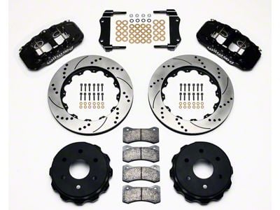 Wilwood AERO4 Rear Big Brake Kit with Drilled and Slotted Rotors; Black Calipers (99-18 Silverado 1500)