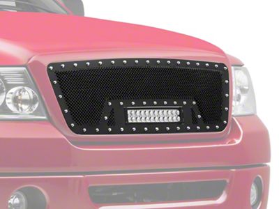 RedRock Wire Mesh Upper Grille Insert with Frame, Rivets and LED Light Bar; Black (04-08 F-150)