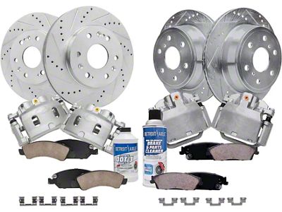 Drilled and Slotted 6-Lug Brake Rotor, Pad, Caliper, Brake Fluid and Cleaner Kit; Front and Rear (08-14 Yukon)