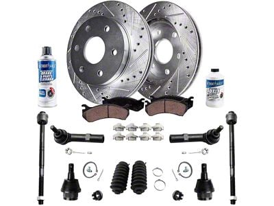 Drilled and Slotted 6-Lug Brake Rotor, Pad, Brake Fluid, Cleaner, Lower Ball Joint and Tie Rod Kit; Front (08-14 Yukon)