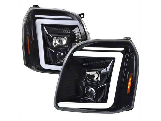 LED Bar Projector Headlights with Sequential Turn Signals; Gloss Black Housing; Clear Lens (07-14 Yukon)