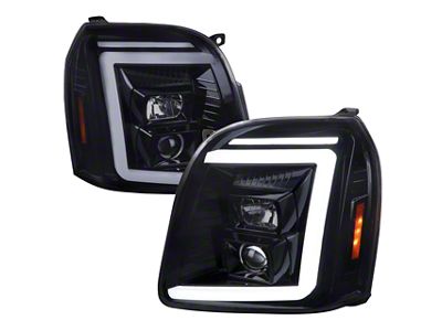 LED Bar Projector Headlights with Sequential Turn Signals; Gloss Black Housing; Smoked Lens (07-14 Yukon)