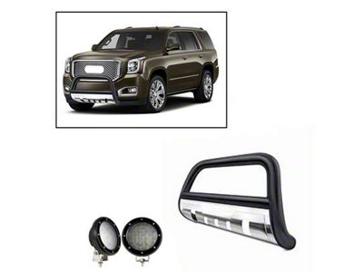 Savannah Bull Bar with 5.30-Inch Black Round Flood LED Lights; Black (15-20 Yukon)