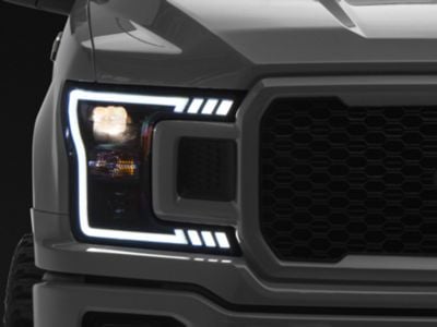 DRL LED Light Bar Projector Headlights; Black Housing; Smoked Lens (18-20 F-150 w/ Factory Halogen Non-BLIS Tail Lights)