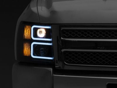 Dual LED C-Bar Projector Headlights; Black Housing; Smoked Lens (07-13 Silverado 1500)